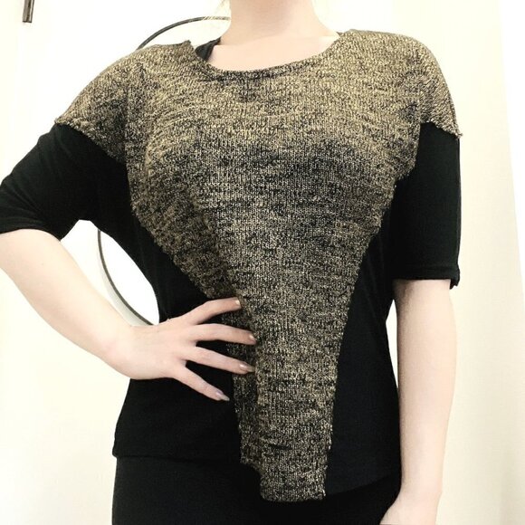 Vintage Mark Gold Black Rib Knit Dolman Sleeve Sparkly Jersey Knit Crew Neck Top - Picture 1 of 6